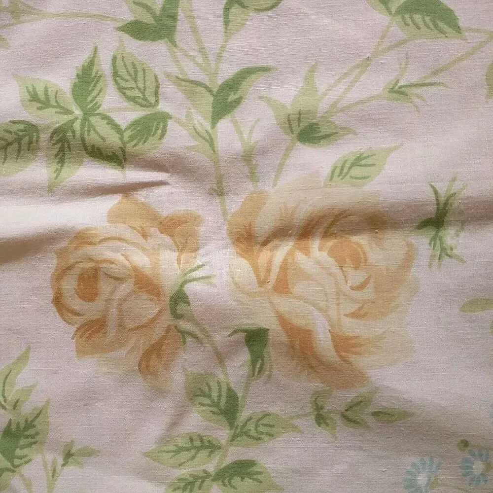 VTG Martex West Point Queen Flat Sheet Yellow Blue Flower Eyelet Percale Cottage
